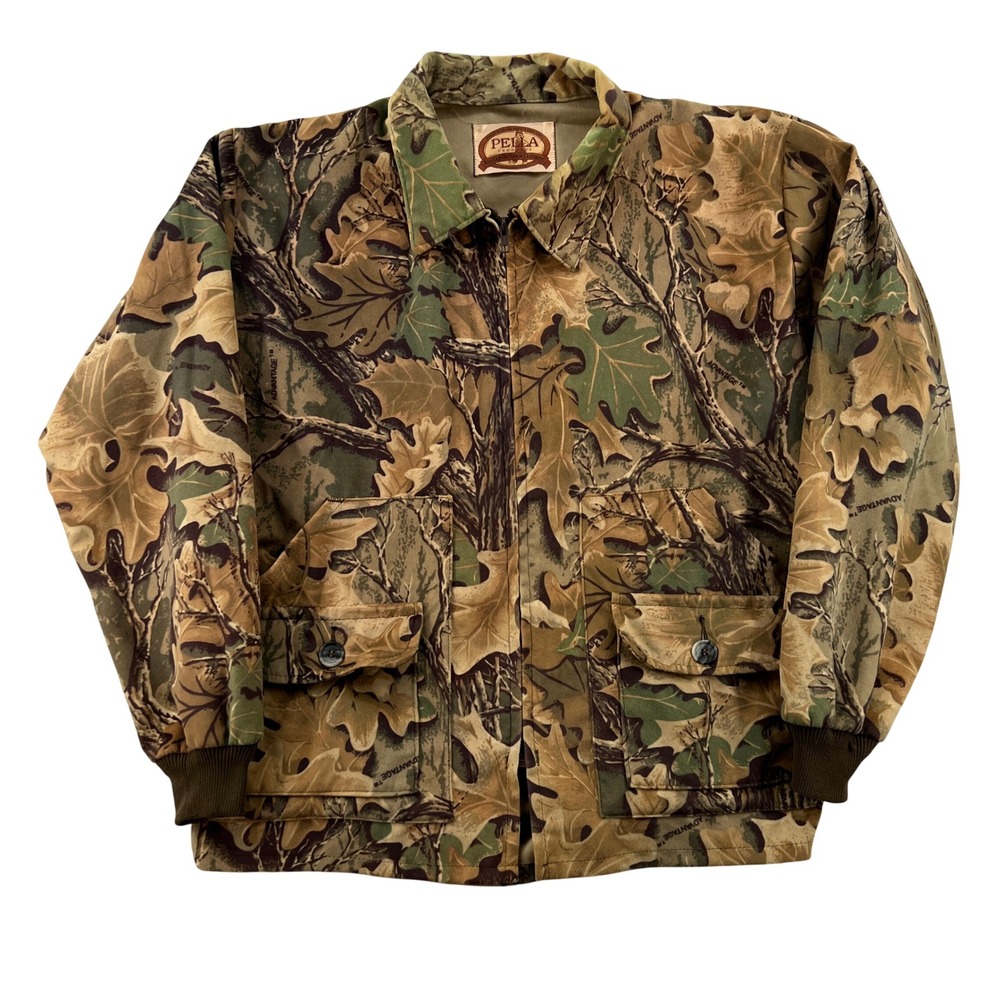 VTG Pella Products Laminated‎ Camo Hunting Bomber Jacket Men Large Advantage USA